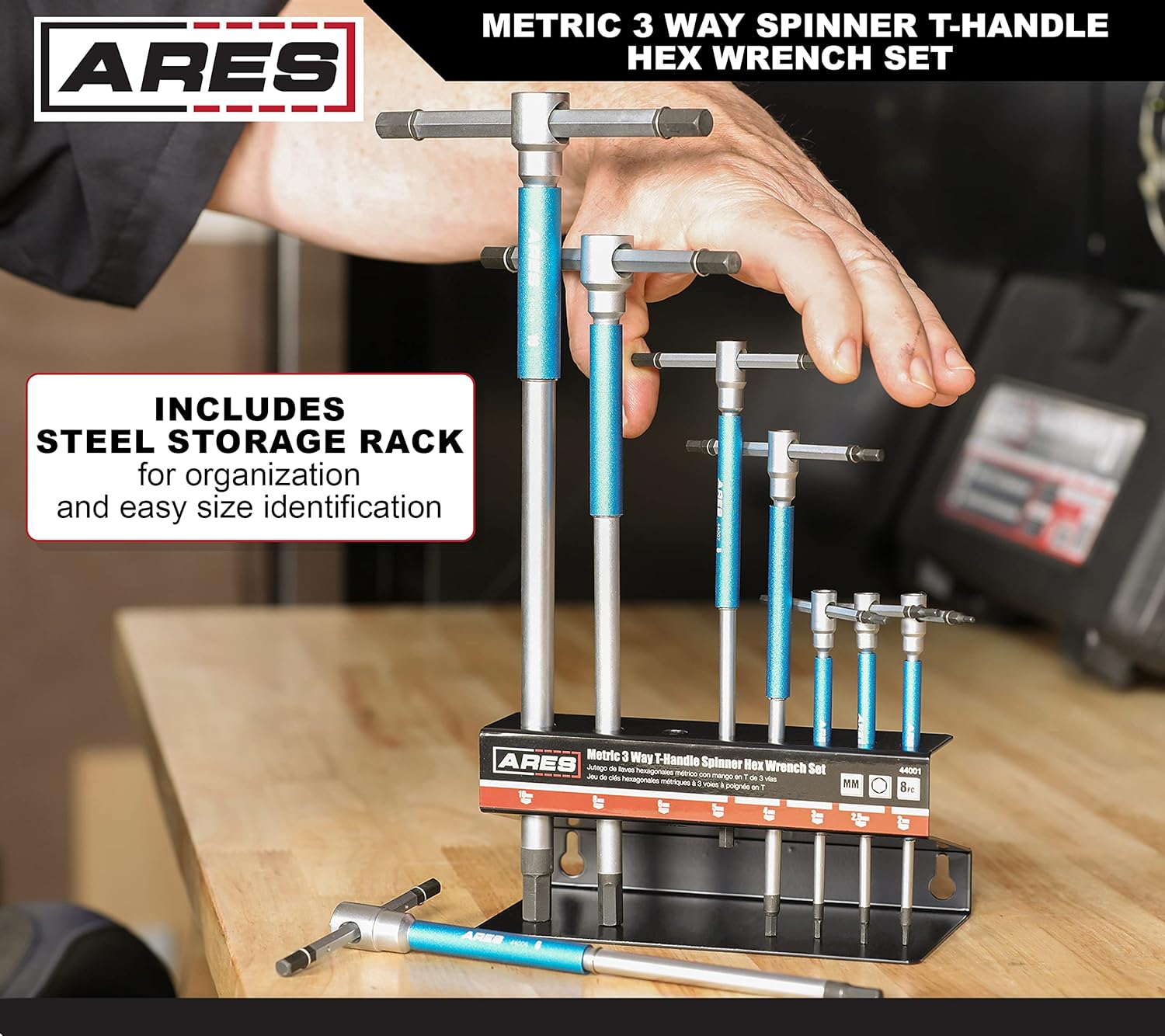 ARES 44001 – 8-Piece Metric 3-Way T-Handle Spinner Hex Allen Key Wrench Set – Sizes from 2mm to 10mm – Sliding Handle, Spinning Sleeve for Versatile Speed and Leverage Application6